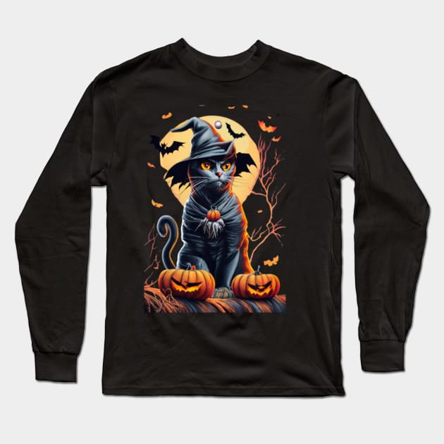 👕 Our exclusive Halloween t-shirt features a spooky design and an adorable black cat, a symbol of good luck. 🐱🍀 Long Sleeve T-Shirt by Bruja Maldita